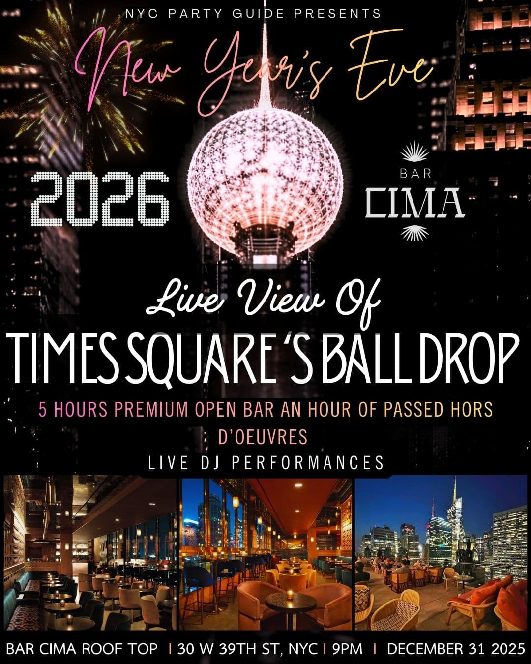 New Year's Eve 2026 at Bar Cima Rooftop | Live Ball Drop View
