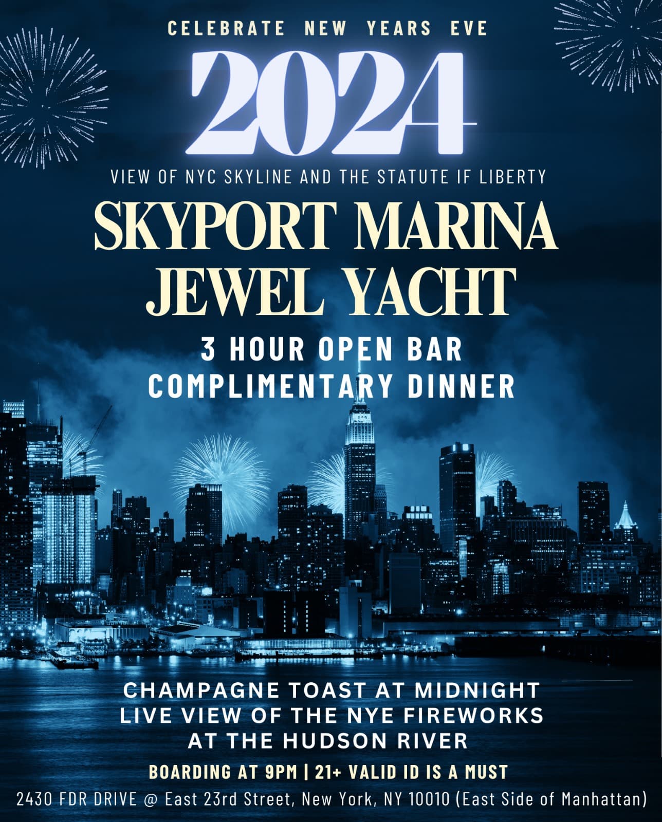 NEW YEARS EVE 2024 PARTY @ JEWEL YACHT NEW YORK - FIREWORKS VIEW! 3 HOUR OPEN BAR + FOOD BUFFET