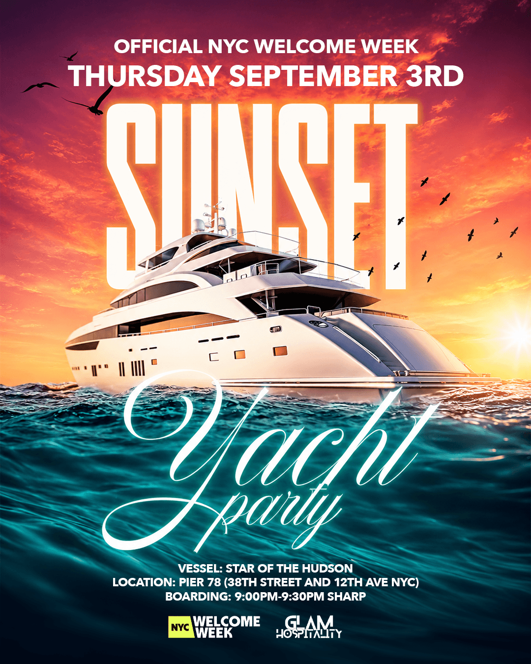 (18+) NYC WELCOME WEEK: DAY 4 - SUNSET YACHT PARTY