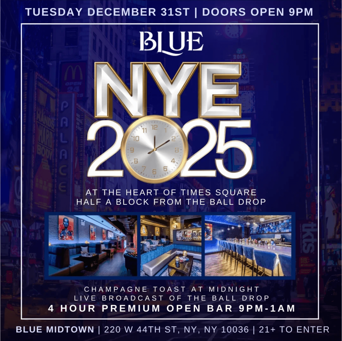 New Years Eve 2025 @ Blue Midtown w/ 4 Hour Open Bar - Times Square NYC