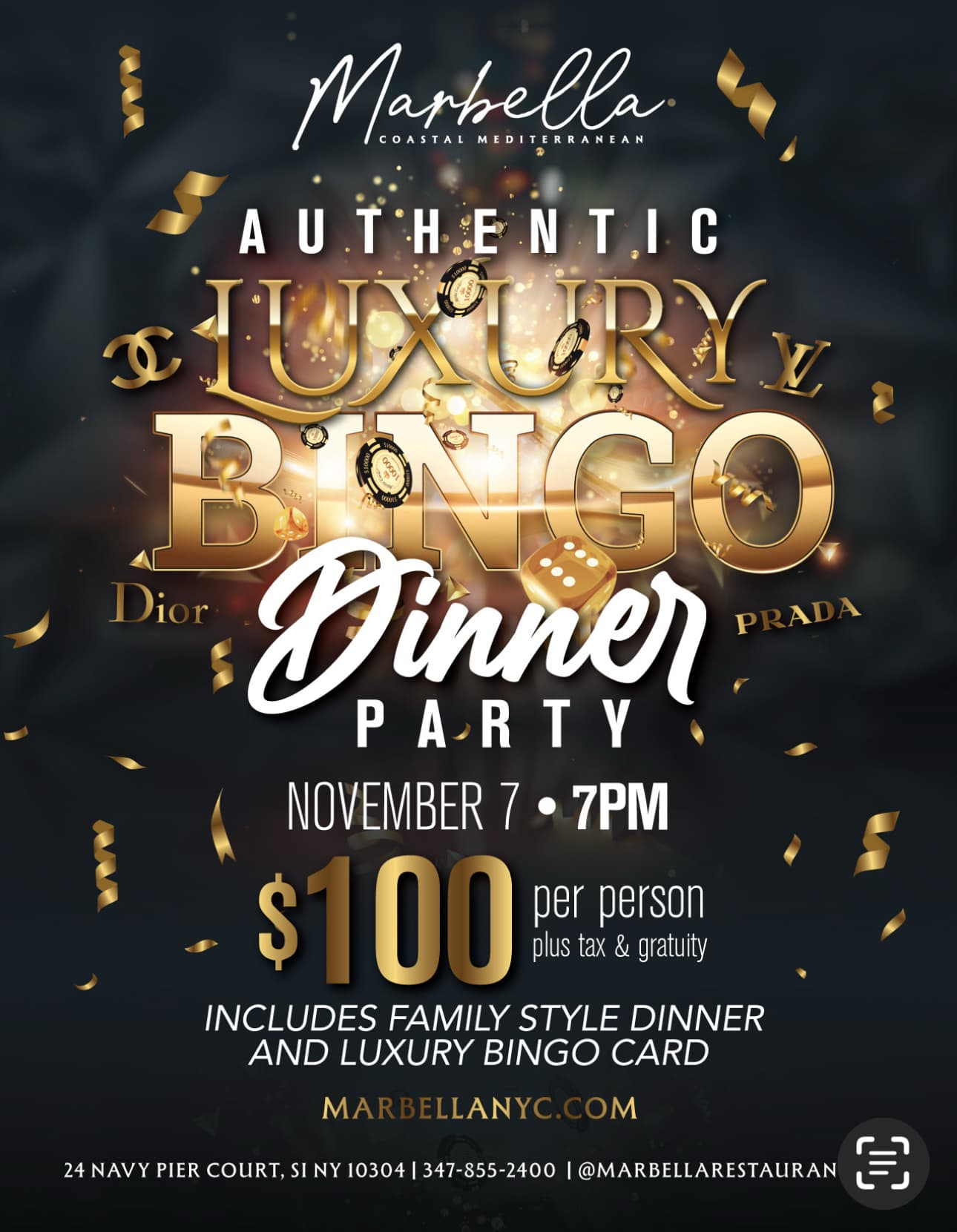 Luxury Bingo Dinner Party - Friday, November 7th - Marbella Restaurant