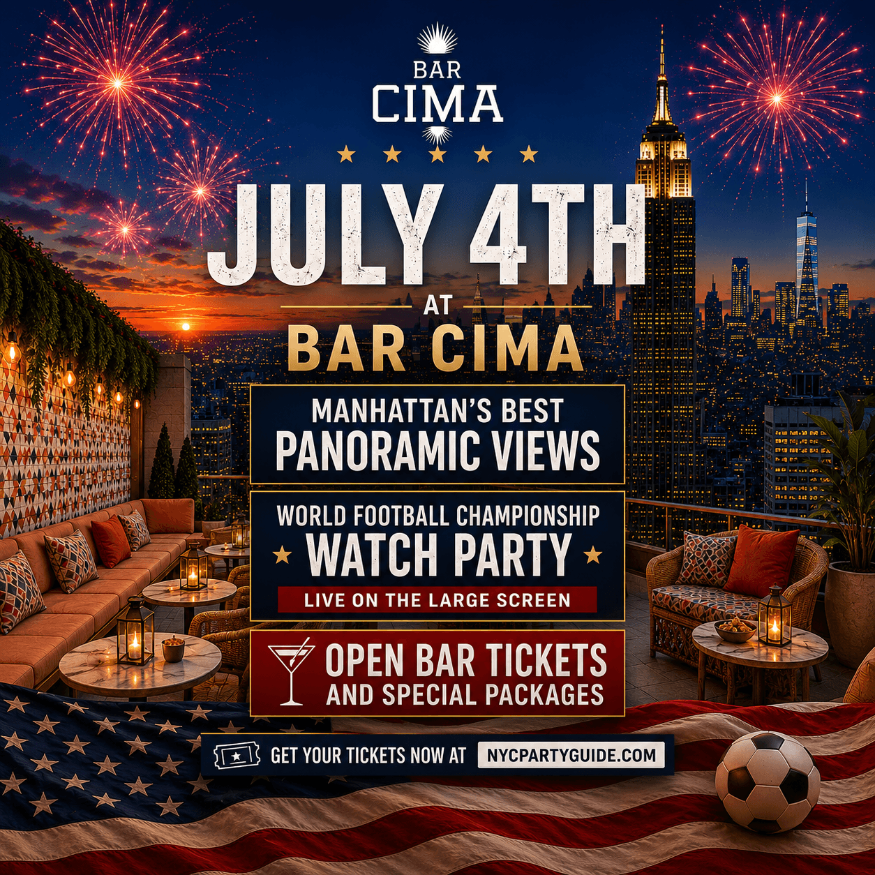 July 4th at Bar Cima Rooftop: All-Day Party with Live Football Broadcast