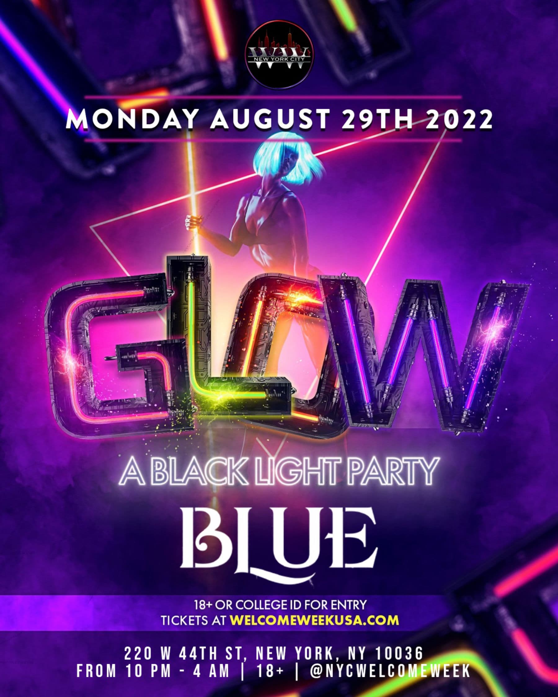 GLOW: A Blacklight Party @BLUE 8/29 (18+)