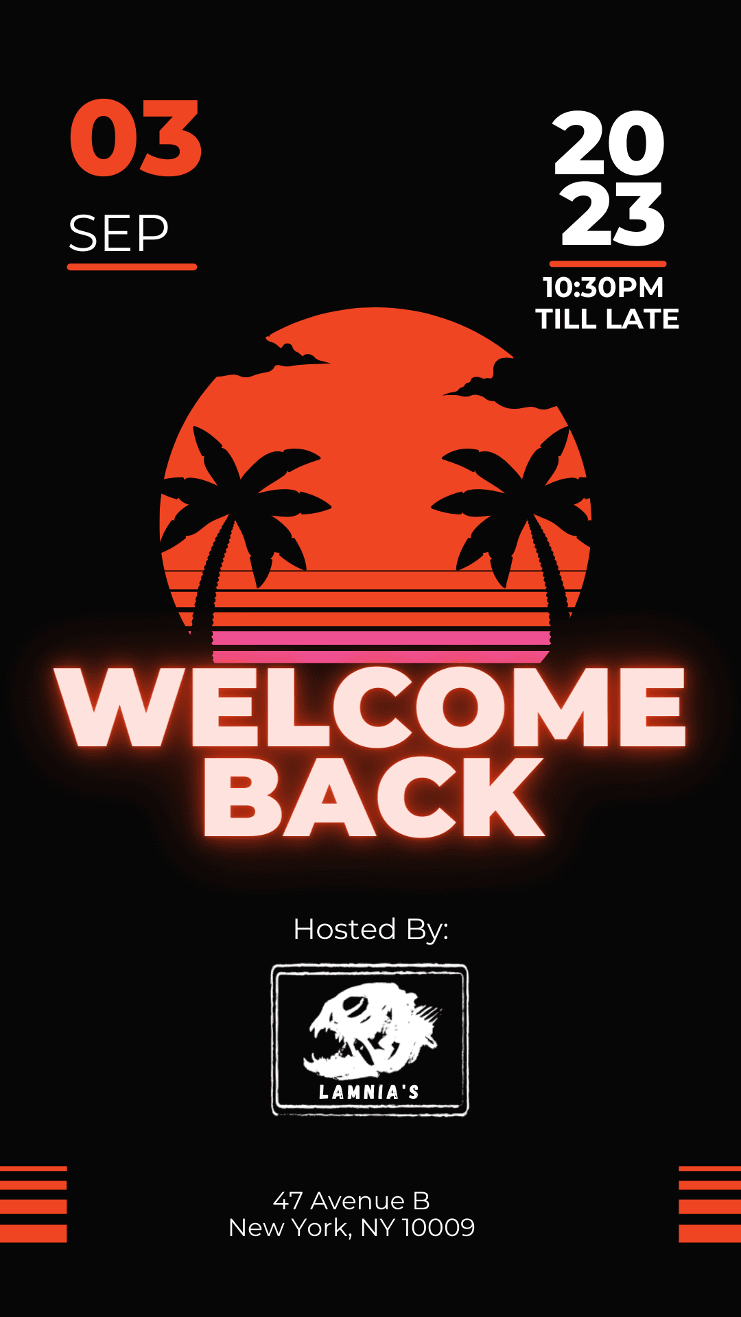 WELCOME BACK @ Lamnia's - Sunday 9/3