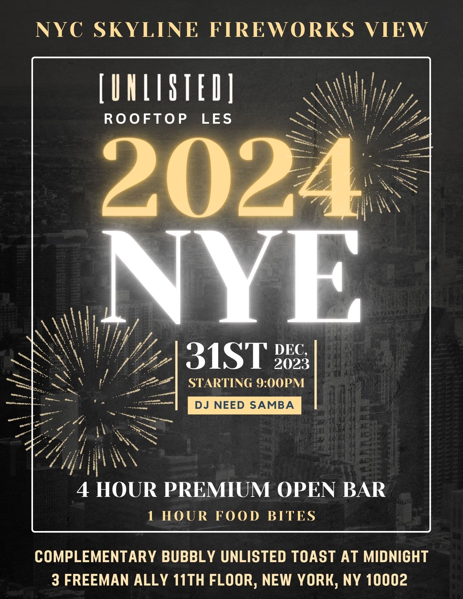 NEW YEARS EVE 2023 @ UNLISTED ROOFTOP W/ 4H OPEN BAR & FIREWORKS VIEW