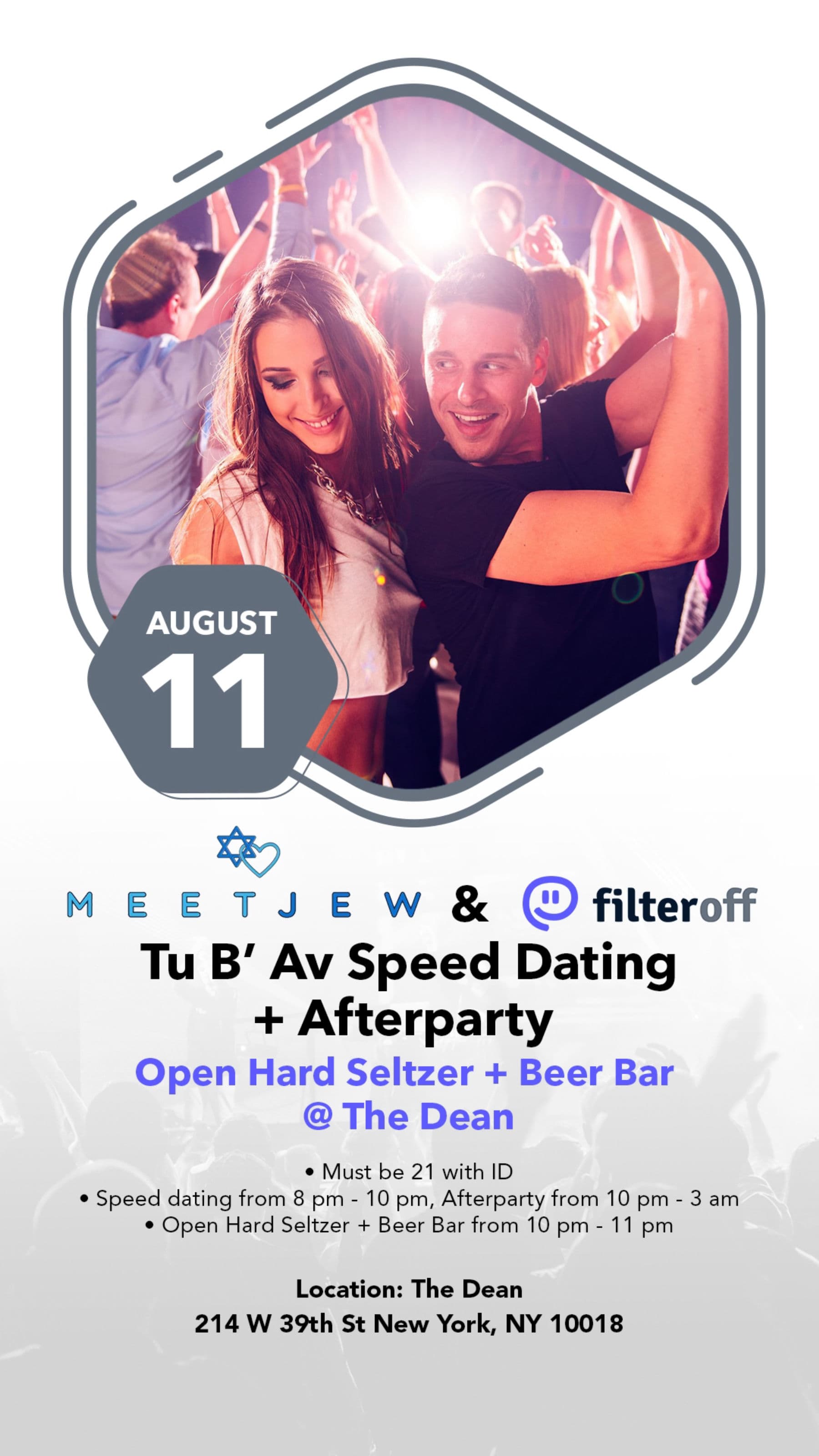 Filteroff and MeetJew Present: Tu B' Av White Party w/ 1 Hour Open Hard Seltzer Bar @The Dean