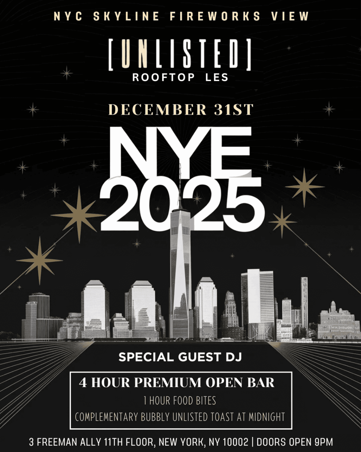NEW YEARS EVE 2025 @ UNLISTED ROOFTOP W/ 4H OPEN BAR & FIREWORKS VIEW